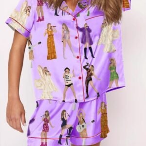 Swiftie Pajama Set for Women – Printed Short Sleeve Button-Front Sleepwear with Elastic Waist Shorts | Soft Broadcloth Loungewear