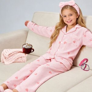 Swiftie-Inspired Girls' Heart Print Pajama Set – Cozy Two-Piece Long Sleeve Homewear for Spring & Autumn