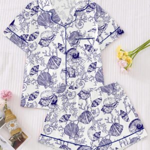 Swiftie-Inspired Kids' Seashell Print Pajama Set – Two-Piece Short Sleeve Button-Up Summer Sleepwear