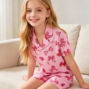 Swiftie Girls' Pink Bow Print Pajama Set – Short Sleeve Top & Shorts Summer Loungewear