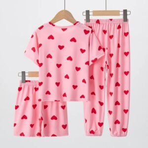 Swiftie Girls' 3-Piece Heart Print Pajama Set – Short Sleeve Top, Pants & Shorts Summer Sleepwear
